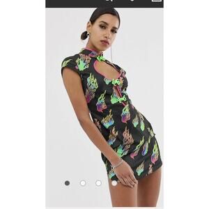 Jaded London Womens Black Flame Print Cut Out High Neck Mini Dress Size 6